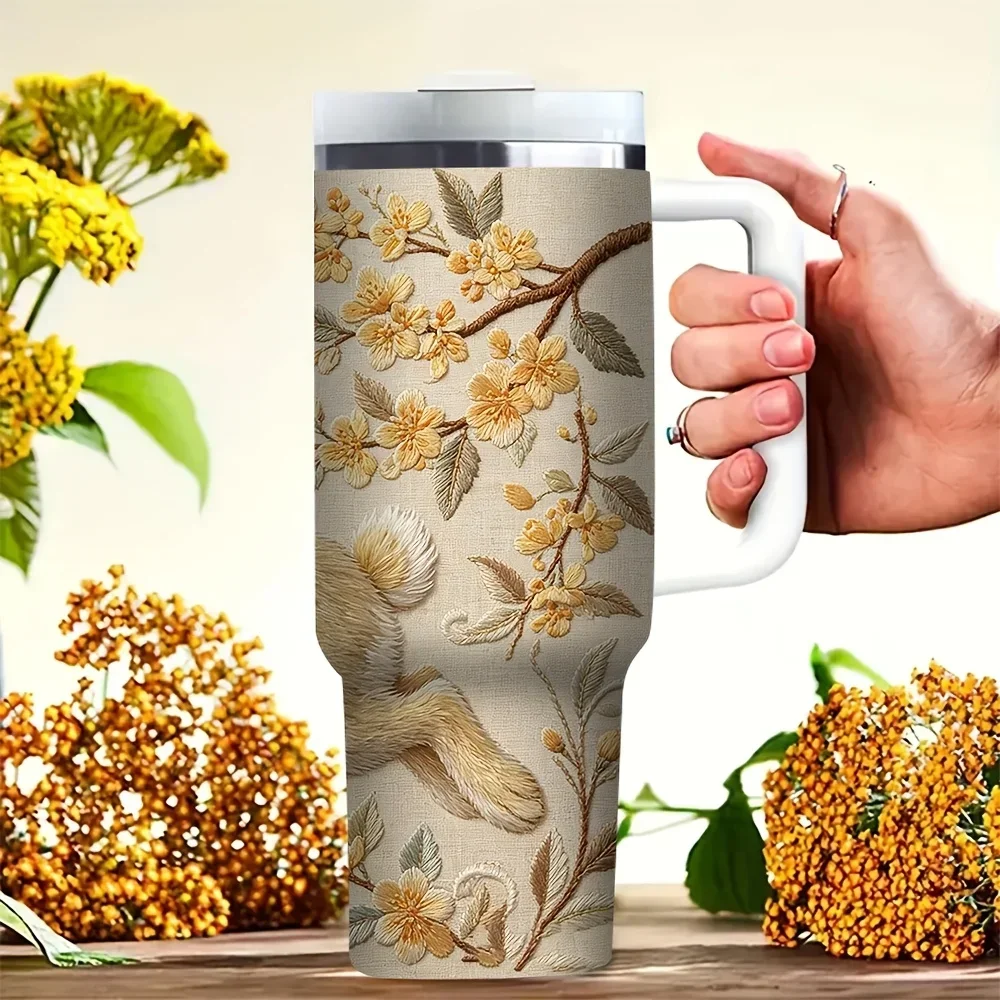 40Oz Tumbler with Handle, Retro Embroidered Rabbit Moon Yellow Flower Print, Suitable for All People, for Daily And Outdoor Use, Fits Both Hot And Cold Drinks