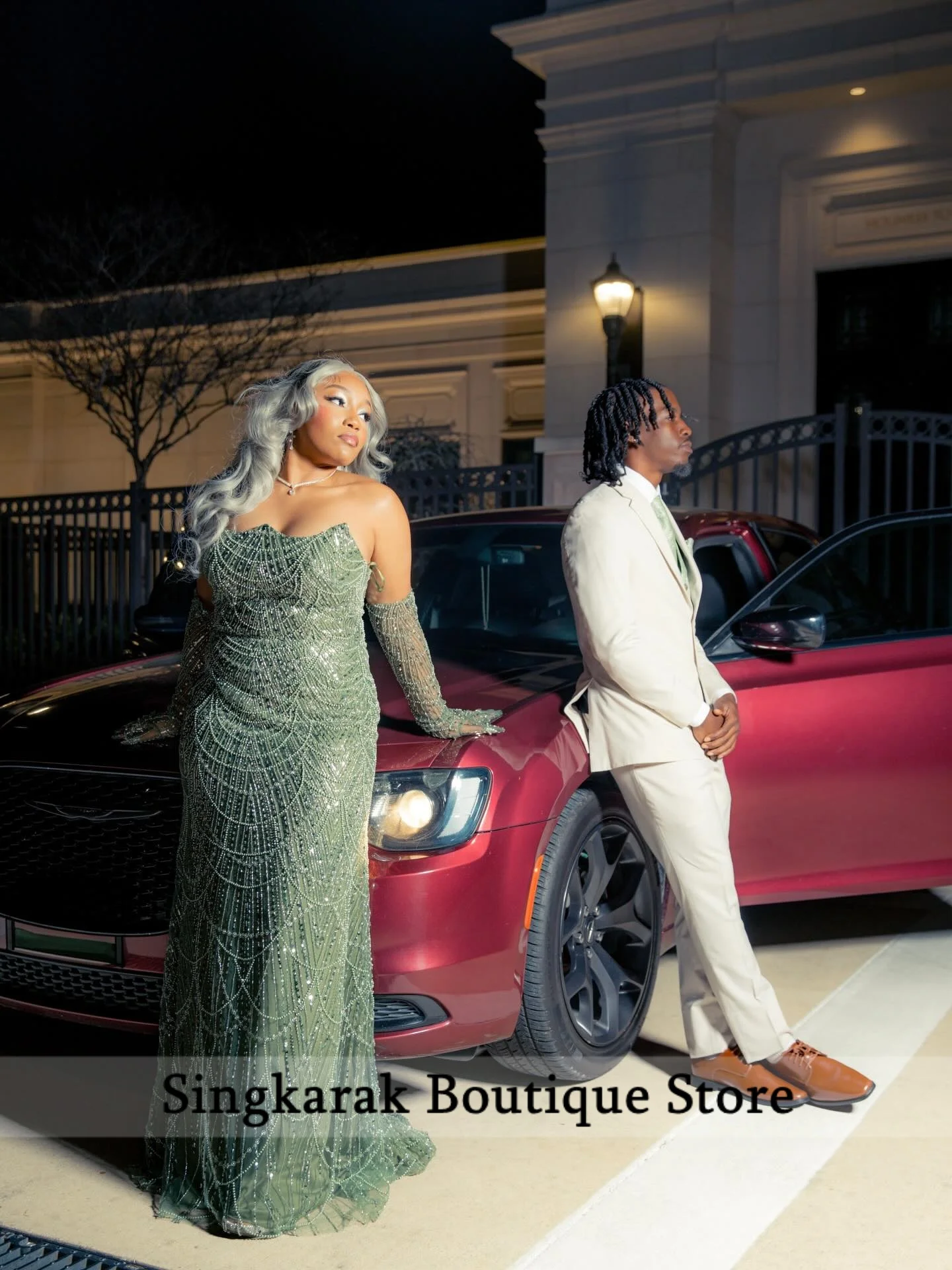 Retro Sage Green Beaded Long Sleeve Sheath Prom Dress Couple Matching Wedding Party Formal Gown Customized