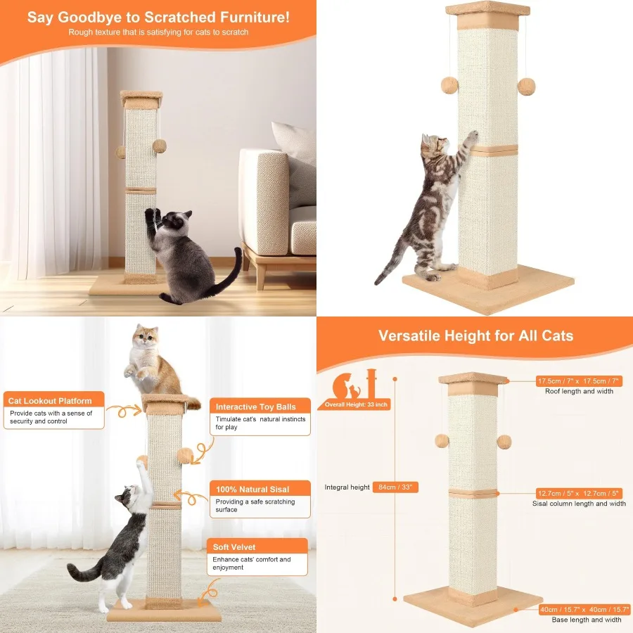 

33 Inch Natural Sisal Cat Scratching Post for Indoor Cats Large Cat Scratcher Protects Furniture and Provides Healthy Scratchin