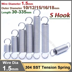 1.5mm Stainless Steel Open S Hook Tension Spring Stretching Pullback Extension Expansion Tensile Springs OD 10-18mm L 30-335mm