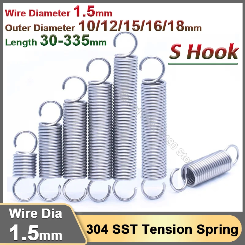 1,5 mm stal nierdzewna otwarty hak S sprężyna naciągowa rozciąganie rozciąganie rozciąganie rozszerzenie sprężyny rozciągane OD 10-18mm L 30-335mm