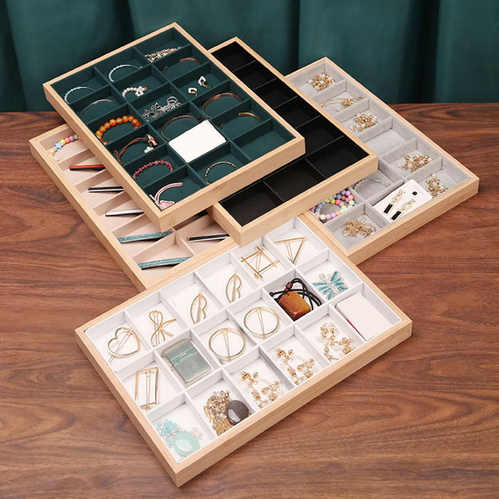 

Bamboo Wood Jewelry Tray 18 Grids Decorative Desktop Organizer Ring Holder Earring Display Jewelry Storage Box