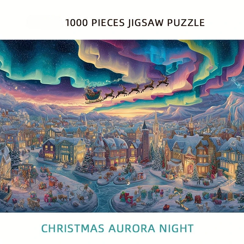 Christmas Aurora Night Jigsaw Puzzle – Santa Sleigh & Northern Lights,500/1000/1200/2000Pcs, Paper Art for Holiday Decor & Gifts