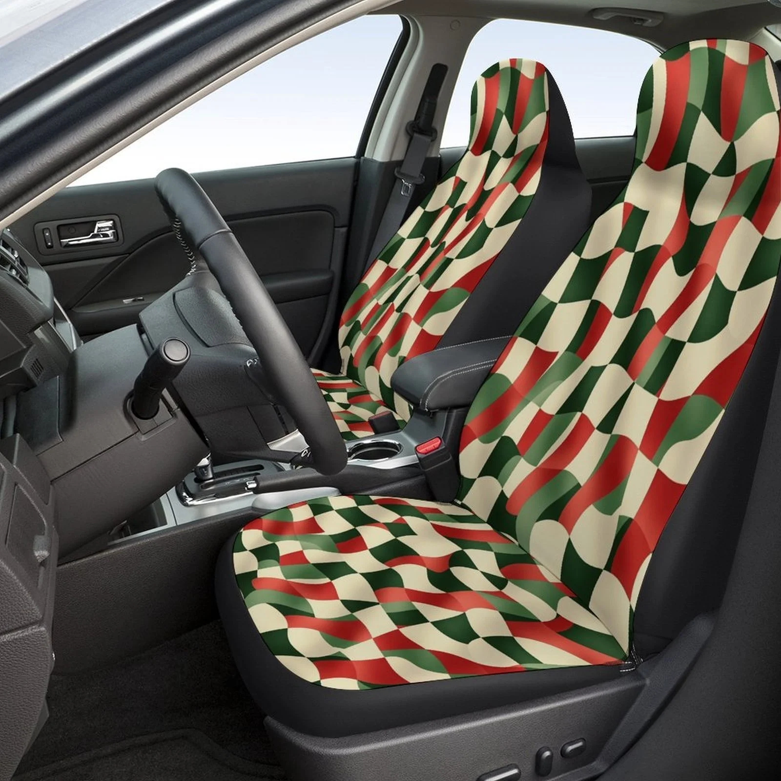 Wavy Checkered Pattern Themed Car Seat Cover Set For Most Cars, Trendy High-quality Car Seat Protector Covers Full Set, Universa