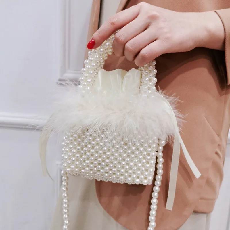 Customized Fashion Handmade Beaded Bags Pearl Imitation Small Square Acrylic Woven White Hair Handheld Crossbody Shoulder Bag