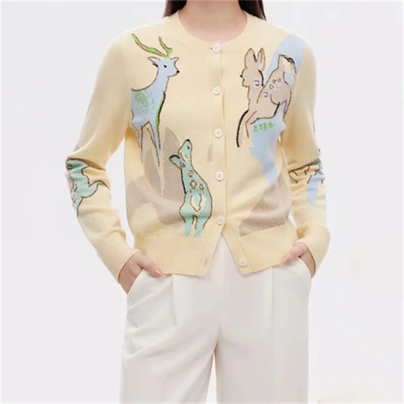 Cardigan for women 2024 Autumn New in Fashionable Deer Embroidered Round Neck Long Sleeve Top 100% wool Women's sweater knitwear