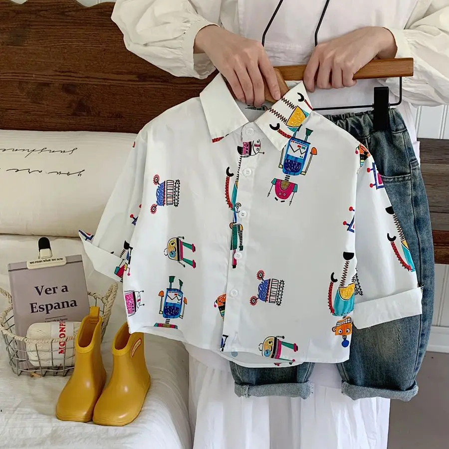 Boys cartoon shirt 2025 spring new children's casual robot full print cardigan handsome fashion top tide 90-140cm