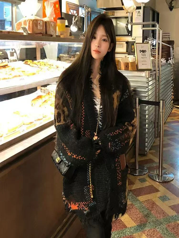 Herbst Winter Thiened Lose frauen Pullover Strickjacke Colion Farbe Leopard Print Faul Sle Gebrochene Quaste Oberbekleidung