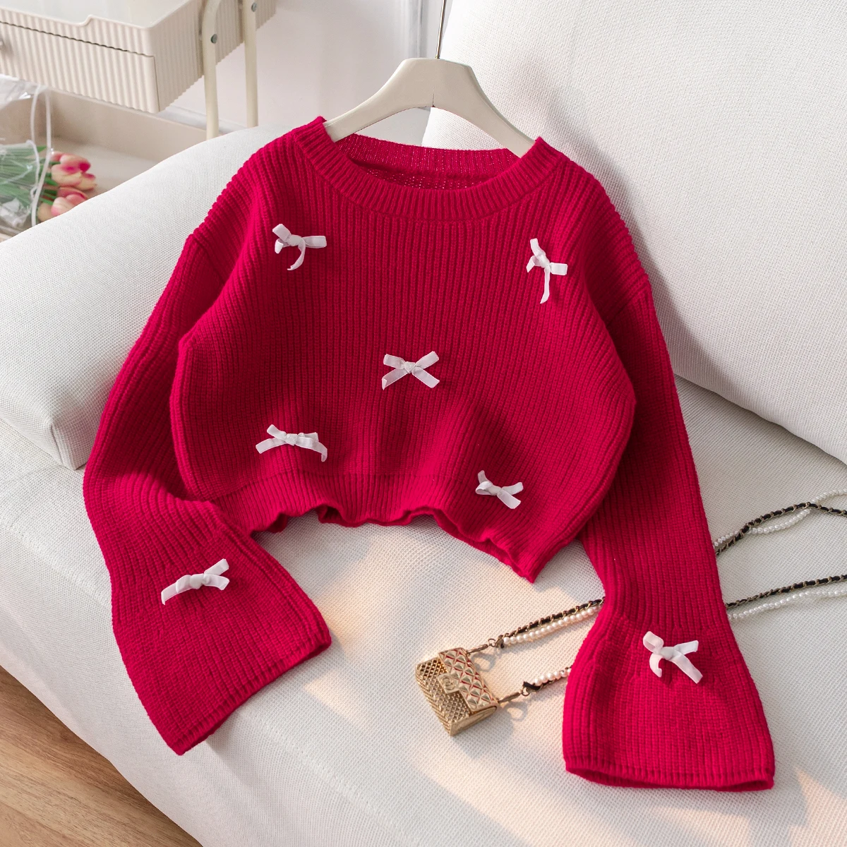 Girl's Elegant Trumpet Sleeve Butterfly Knot Short Sweater Knitted Pullover Suitable for Daily Vacation in Spring, Autumn, and W