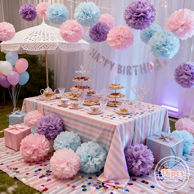 16Pcs Handmade Paper Pom Poms Hanging Decor Wedding Birthday Christmas Valentine Party