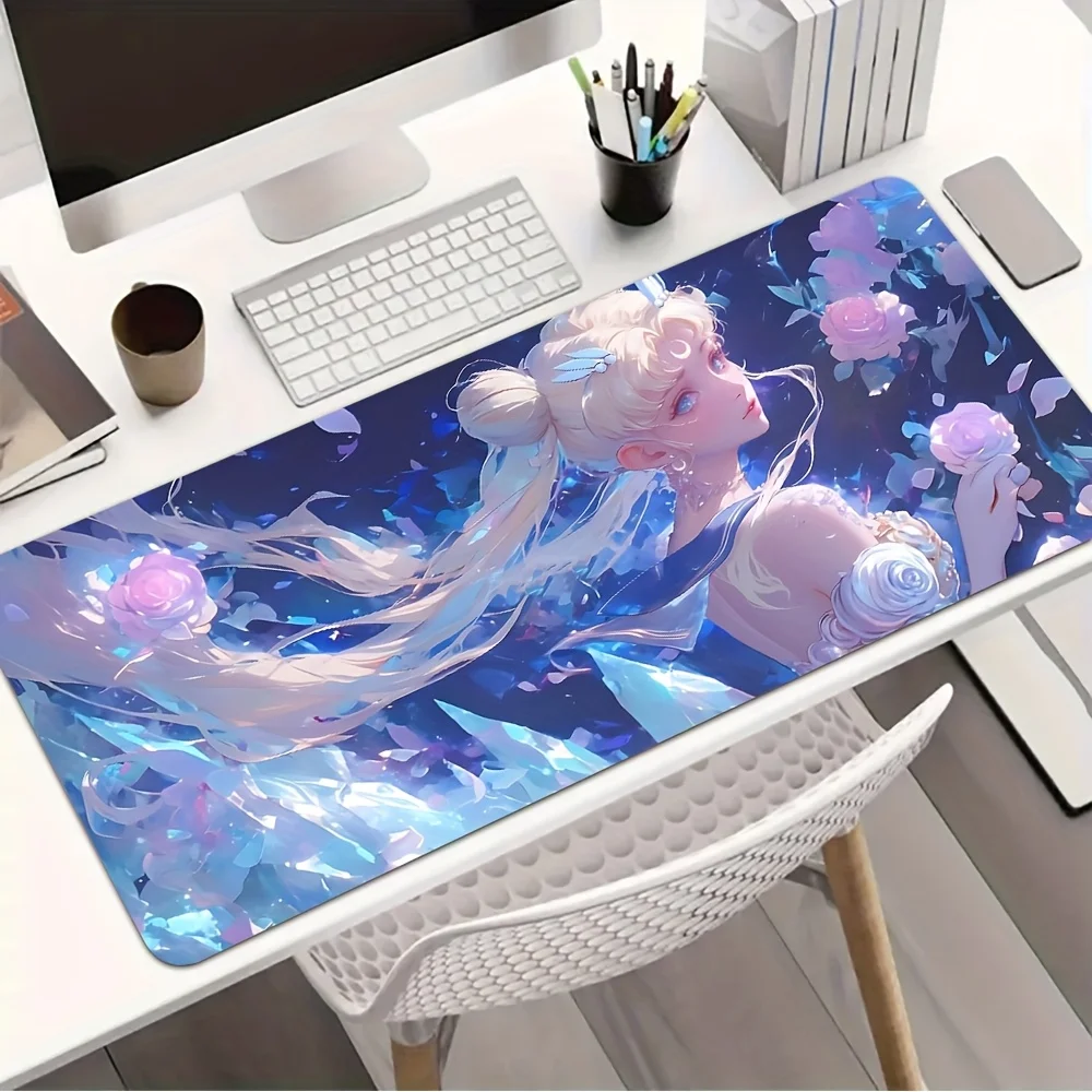 Crystal Princess Anime Work Mouse Pad,Non-Slip Office Desk Mat,Magical Blue Pink Floral Background,Water-Resistant Keyboard Pad