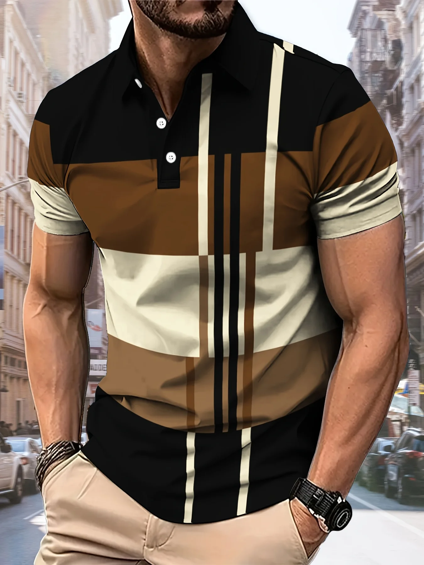 2026 Summer New Style Men's Short-Sleeved Polo Shirt With 3D Stripes Pattern Print  Street Casual Fashion Comfortable And Soft