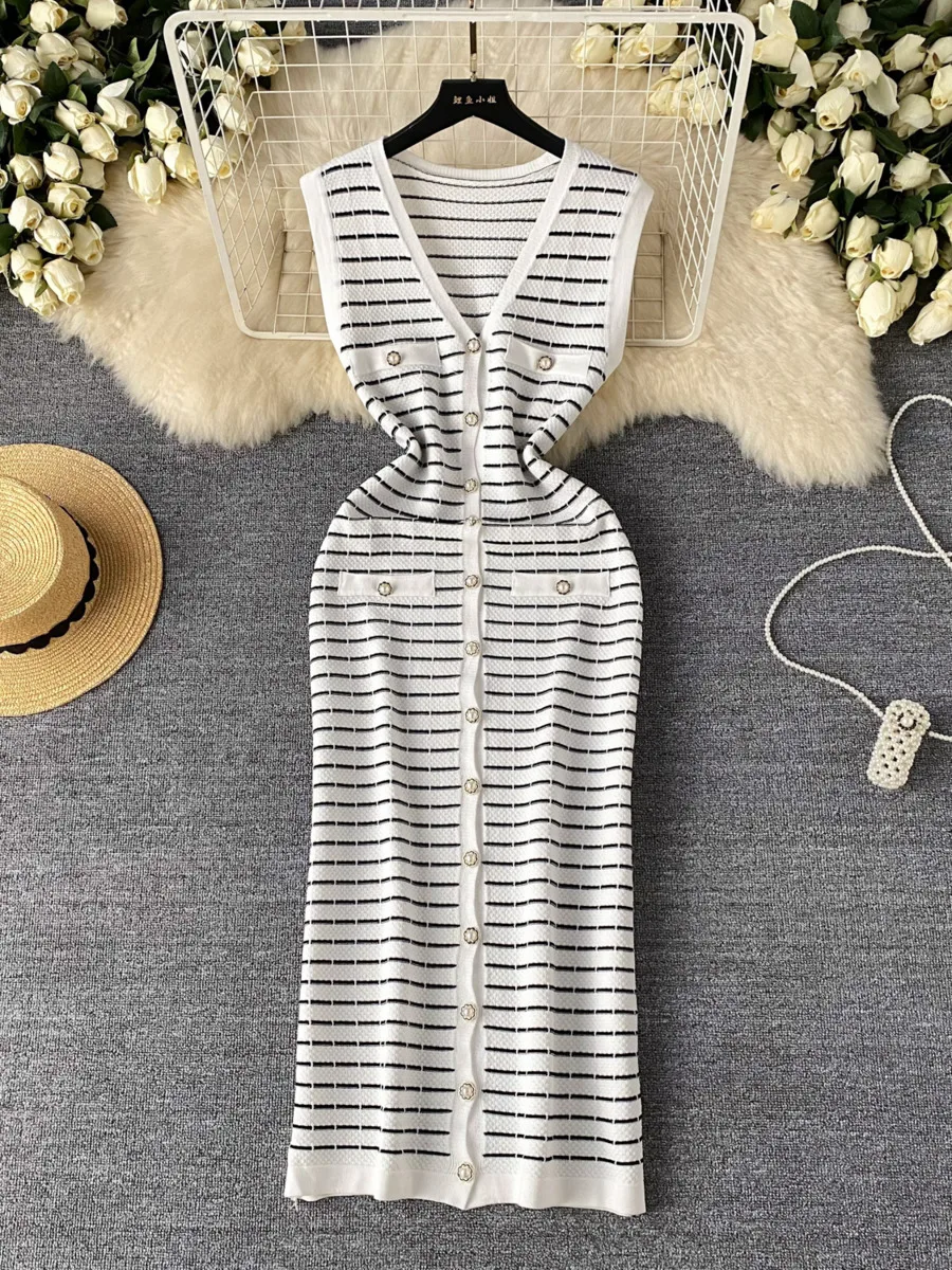 New Summer Knitted Elegant Dresses For Women V-Neck Sleeveless Loose Sweater Dress Korean Fashion Casual Stripe Long Dresses