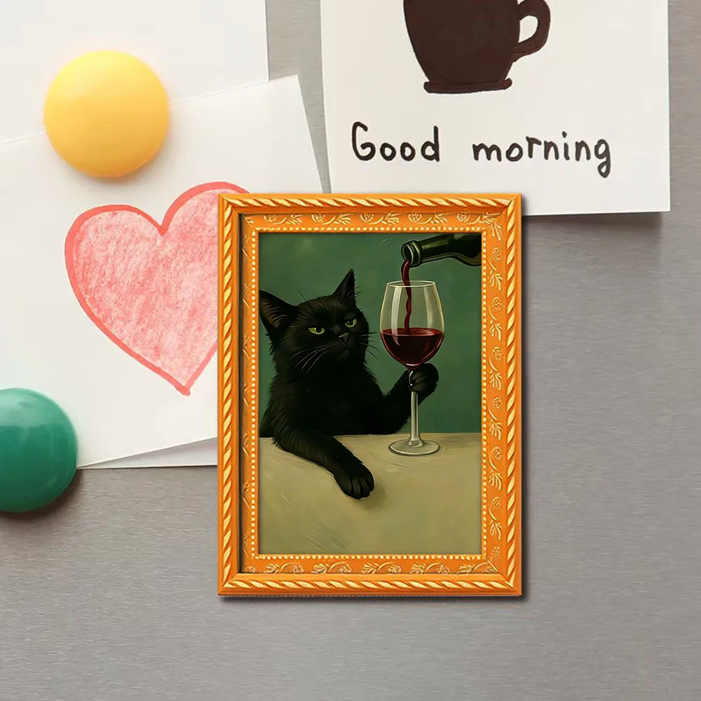 1 Piece of a Tipsy Black Cat Fridge Magnet, Fun Framed Decorative Painting, Wooden Mini Hanging Picture, a Lazy Black Cat Sipping Wine, Unique Home Kitchen Decoration, Fun Gift, a Must-Have for Cat Lovers