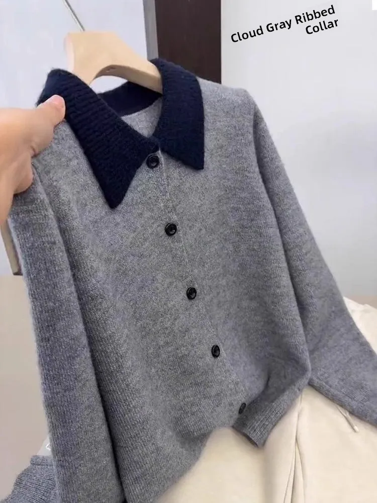 

Loose Casual Long Sve Knitted Open Cardigan Women's Autumn Faion plus Size Slimming Effect ey Turn-down Collar Top