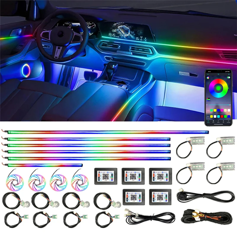 Ambient Light 64 Colors Car Acrylic Strips 18 In 1 110cm 90cm 75cm 35cm 20cm Full Colors RGB Car Interior Bluetooth App Control