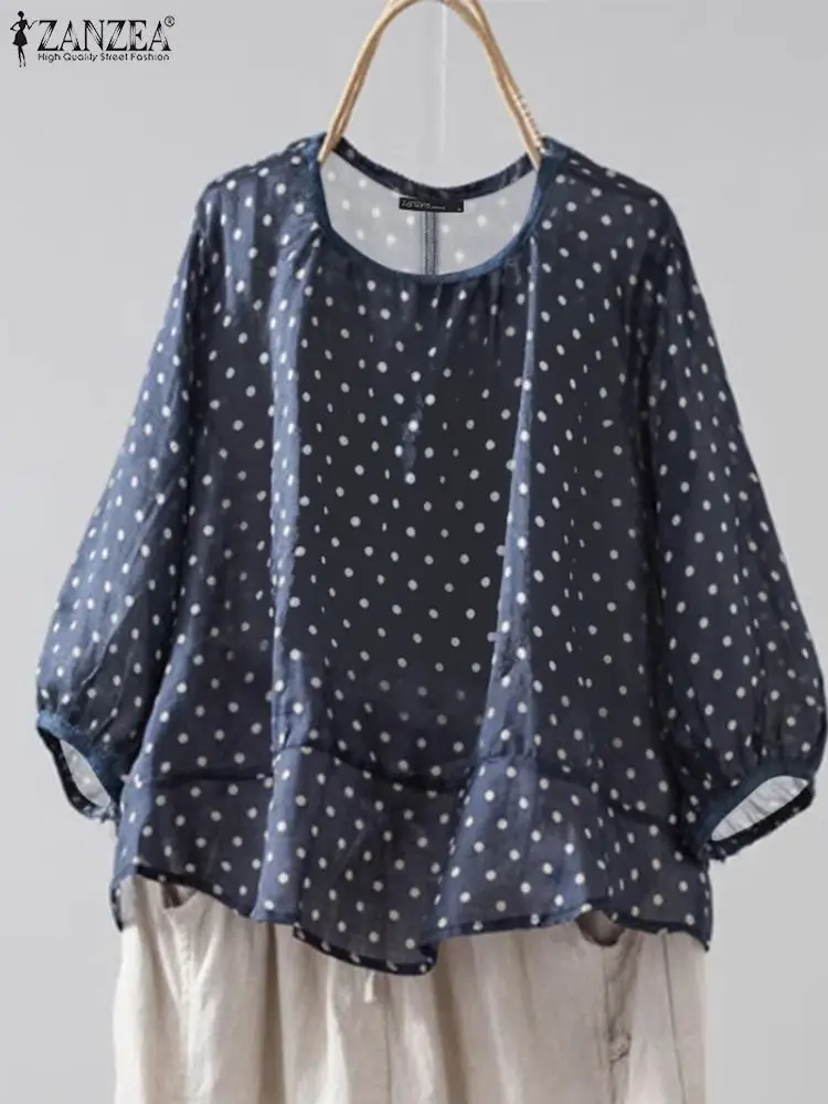 ZANZEA Women Korean Loose Blouse 2024 Autumn Vintage 3/4 Lantern Sleeve Tops Fashion Dots Print Tunic Elegant Round Neck Blusas