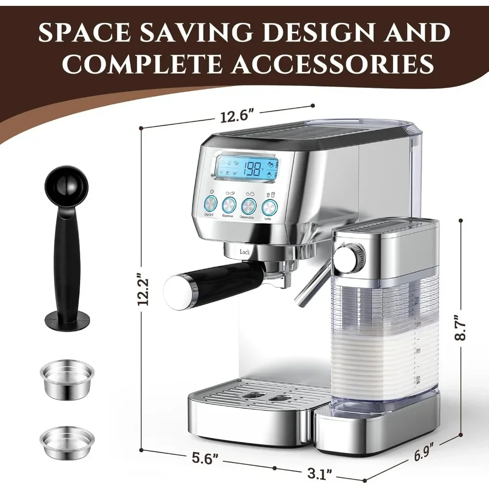 Coffee Maker with LCD Display, Automatic Milk Frother and Dual Wall & ESE Filters, Stainless Steel Coffee Machine