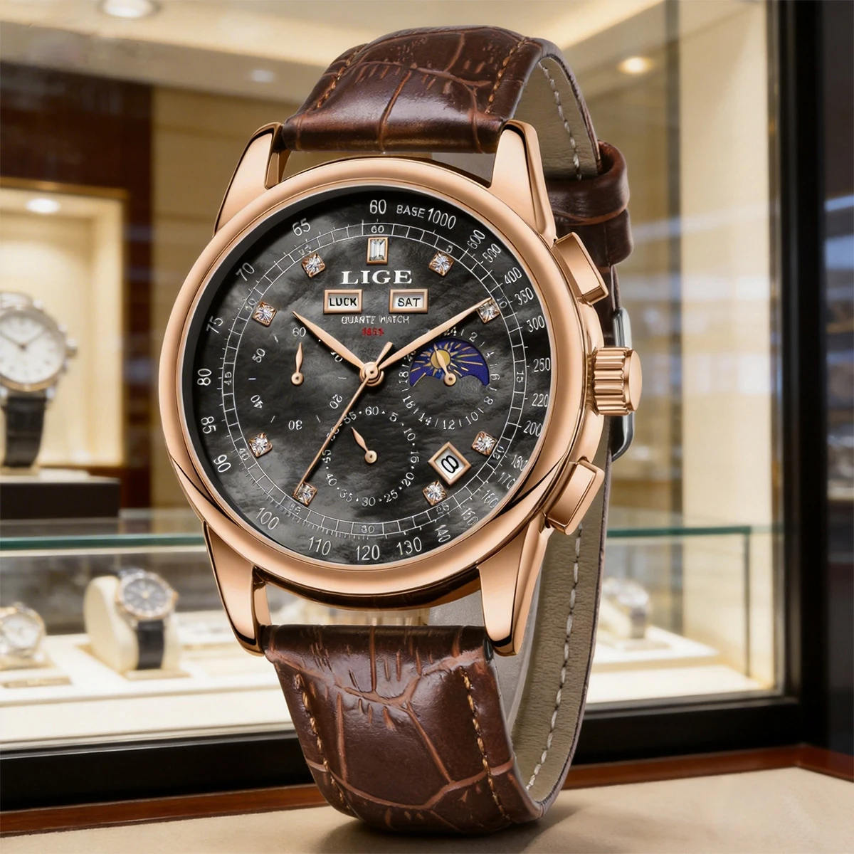 

LIGE Men's Quartz Watch Date Day Month Year Rose Gold Dial Multifunction 316L Leather Strap Polished Case Day Night