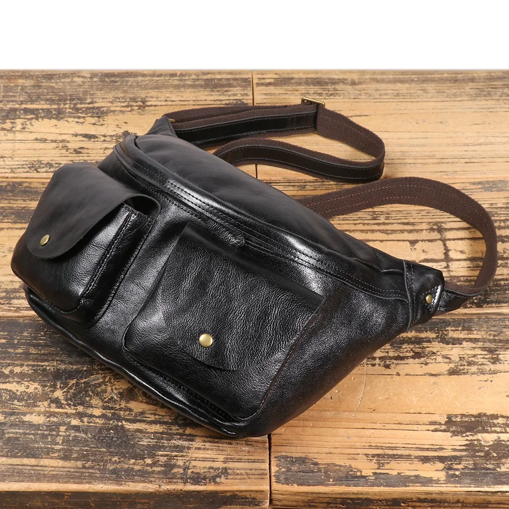Men's Vintage Leather Chest Sling Bag Vegetable-Tanned Crossbody Backpack for Travel & Cycling