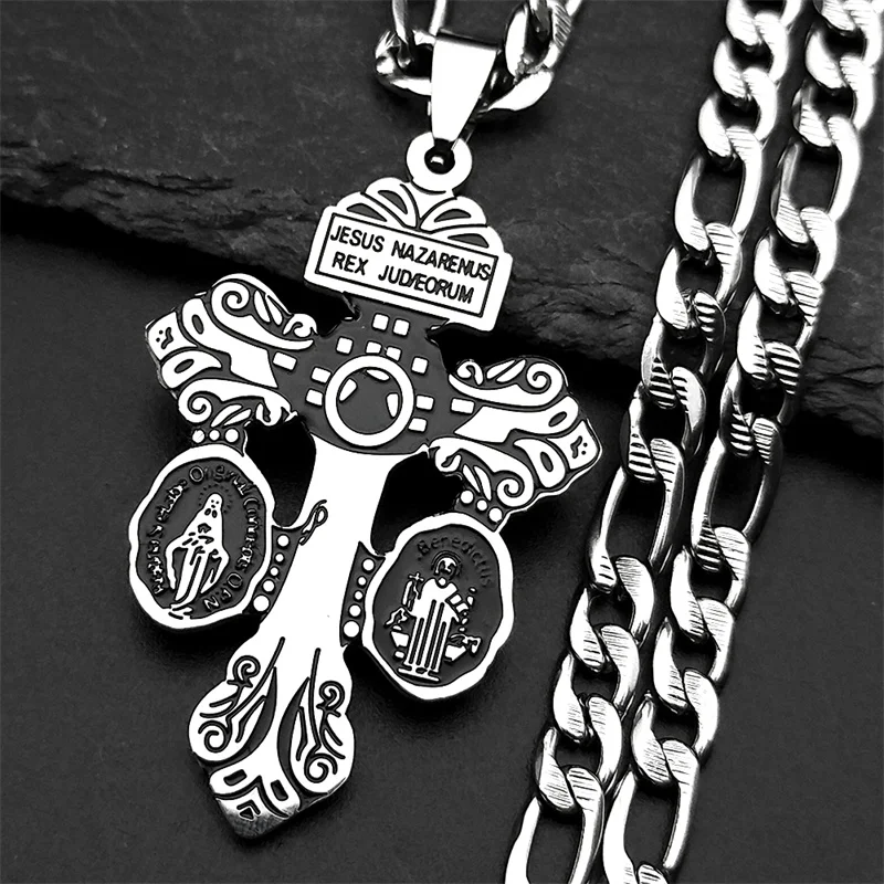 قلادة على شكل صليب يسوع للرجال والنساء من الفولاذ المقاوم للصدأ مطلية بالذهب كاثوليكية سانت بنديكت مريم العذراء مجوهرات تميمة الإيمان #3