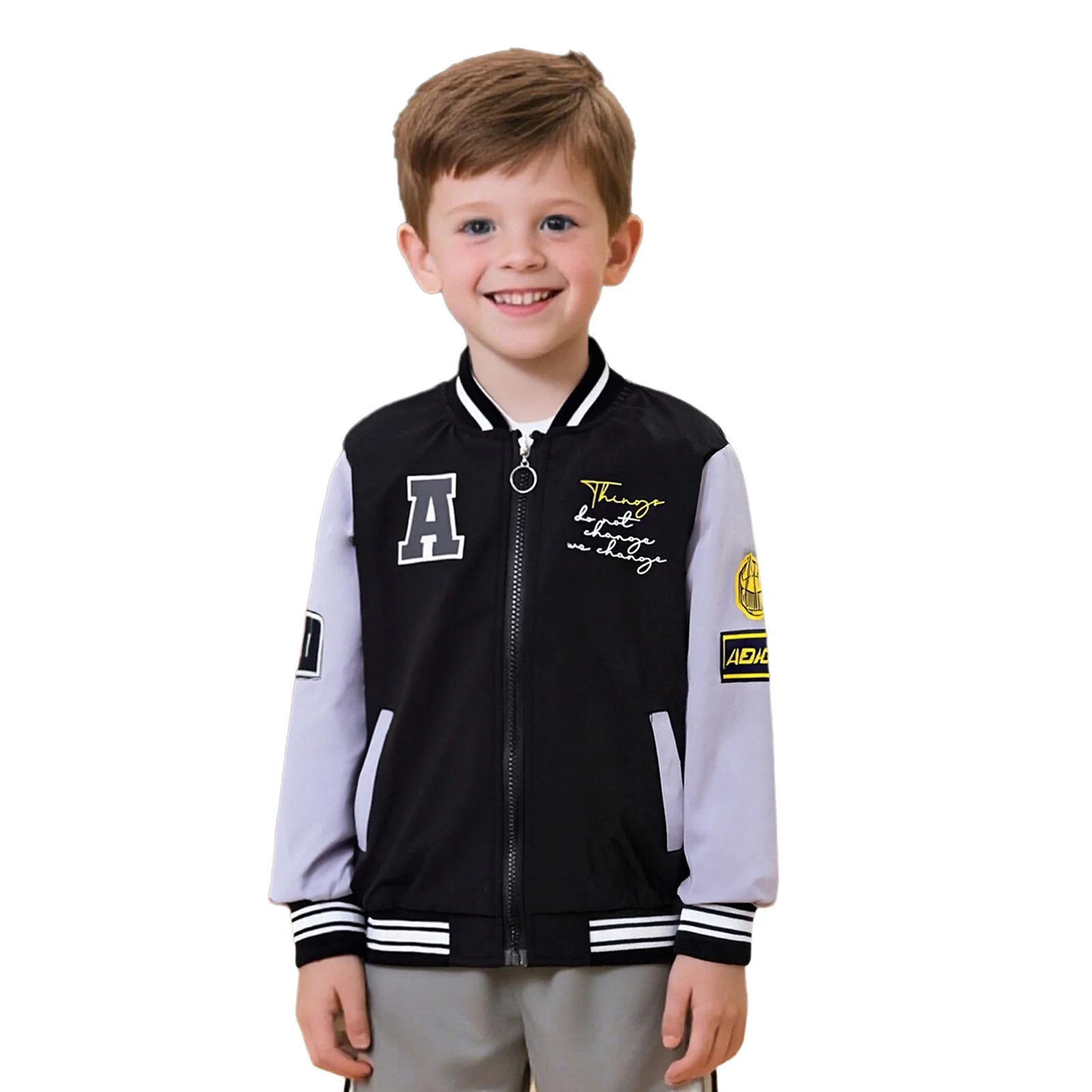 

Kids Boys Baseball Jacket Bear Letter Printed Long Sleeves Zipper Color Block Coat Outerwear with Pockets Spring Casual Clothing
