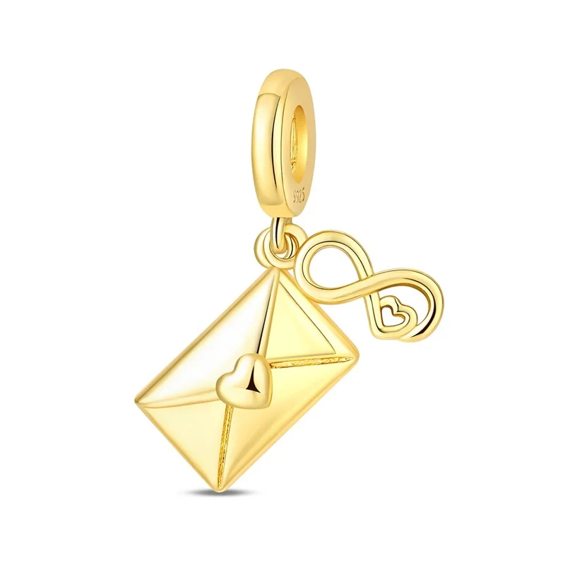 2026 New 925 Sterling Silver Gold Heart Envelope Charms Beads CZ Zircon Dangle Fit 3mm Original Bracelet DIY Women Jewelry Gifts
