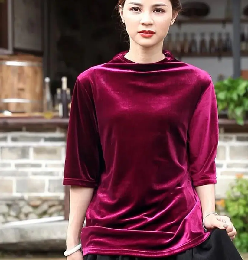 Kemeja Beludru Setengah Turtleneck Vintage Musim Semi & Musim Gugur Kasual Fashion T-shirt Velour Setengah Lengan Slim Ropa Mujer ukuran plus