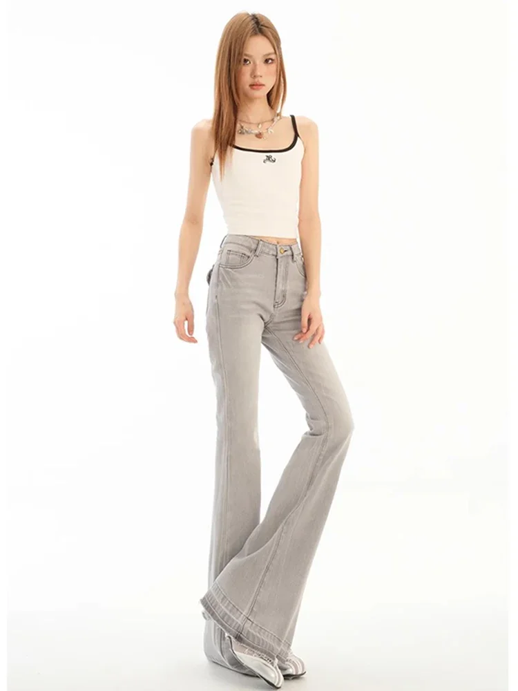 

Women's Vintage Gray Slim Flared Jeans Streetwear Fashion High Waist Trousers Female Wide Legs Pants 90s Cool Girl Clothes