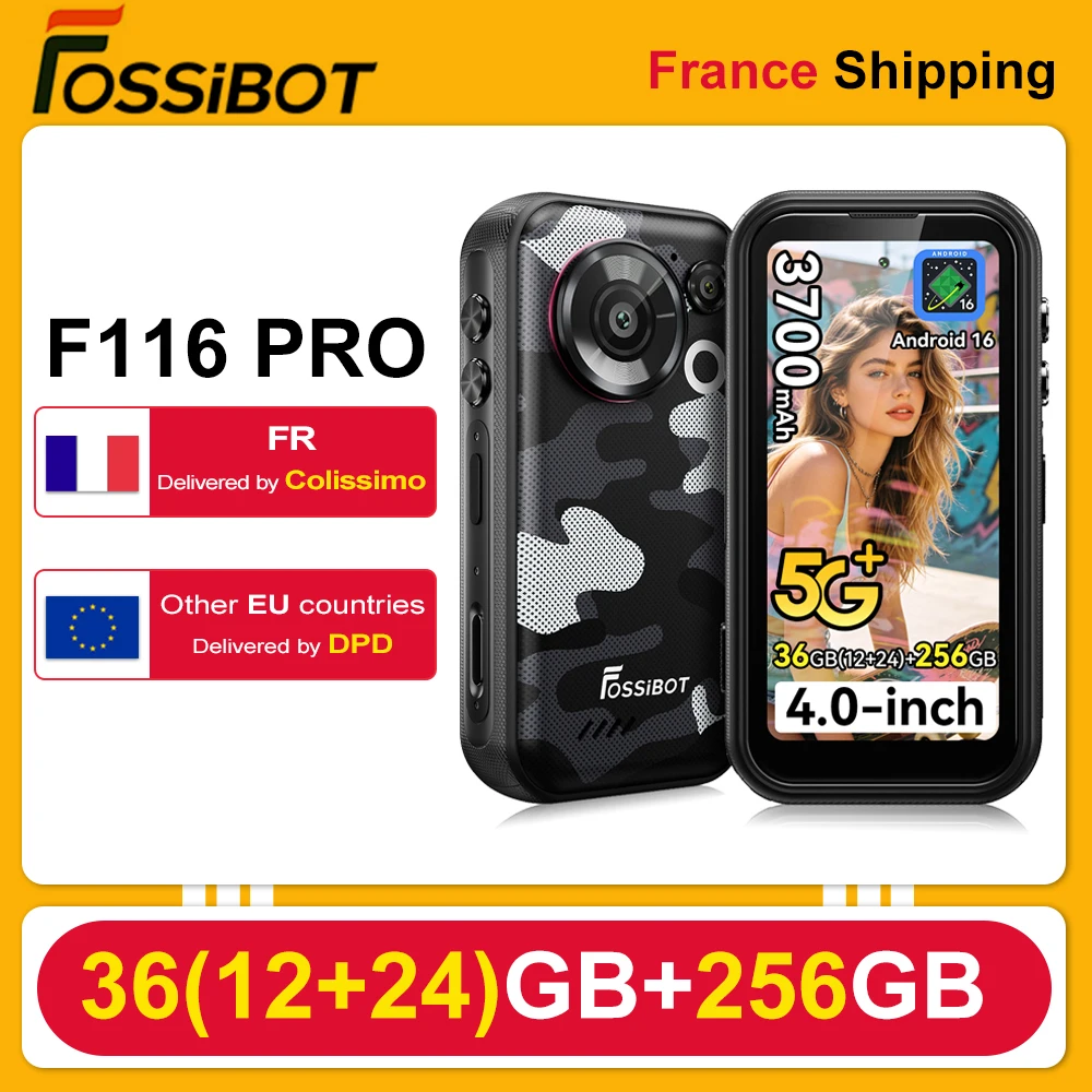 Smartphone robuste 5G Fossibot F116 Pro, 36 Go (12+24) + 256 Go, mini écran 4 pouces, batterie 3700mAh, charge 33W, processeur Dimensity 7300, 12Go+256Go, Android 16, caméra d'action grand angle 152,6°, appareils photo
