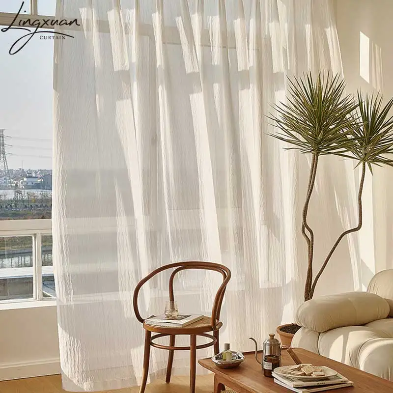 Korean White Tulle Curtains For Living Room Crumpled Sheer Curtain For Bedroom Solid Color Voile Kitchen Drapes Blinds Customs