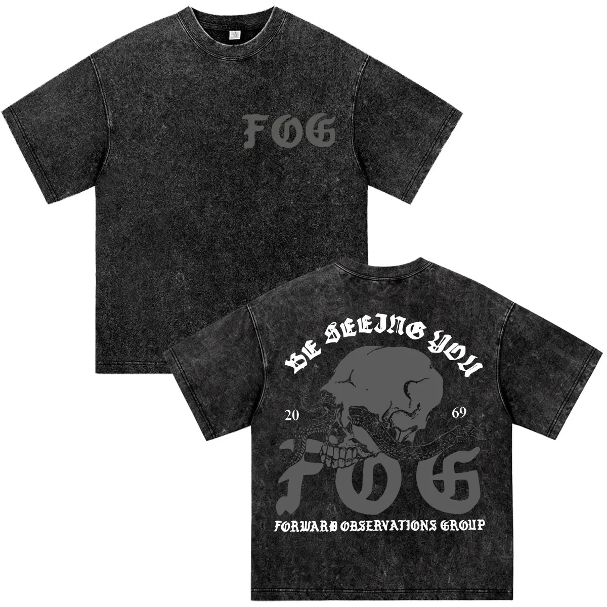 Forward Observations Group Vintage Washed T-shirt Fashion Skeleton Distressed T Shirts Men Women Cotton Loose T Shirt Streetwear