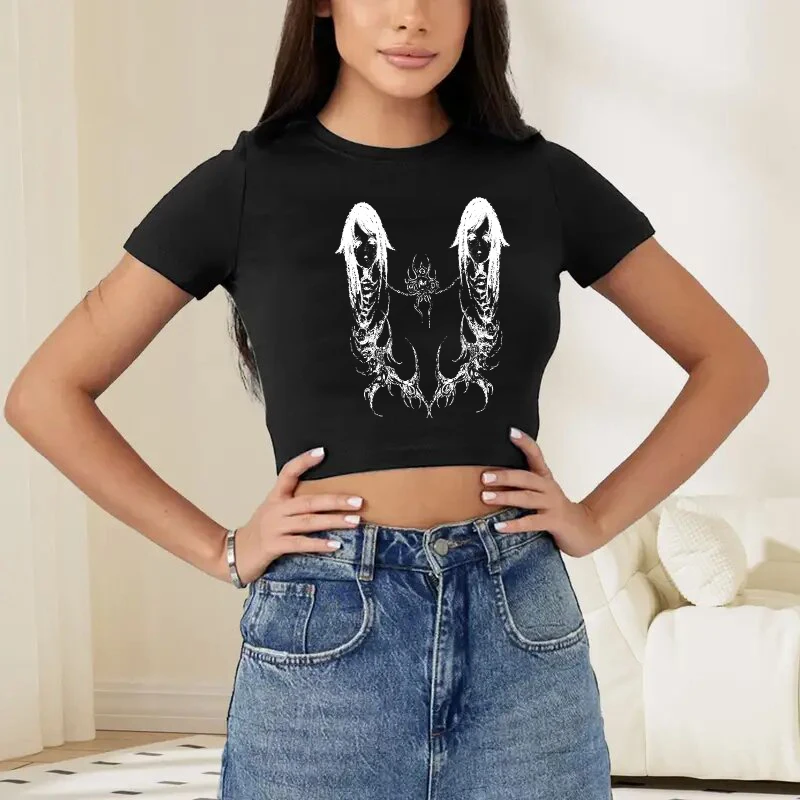 الأمريكية خمر عادية تي شيرتات قصيرة الاكمام القوطية Harajuku الجمالية المرأة الطفل المحملة 2000s الشارع الشهير Y2K موضة الشرير المحاصيل #5