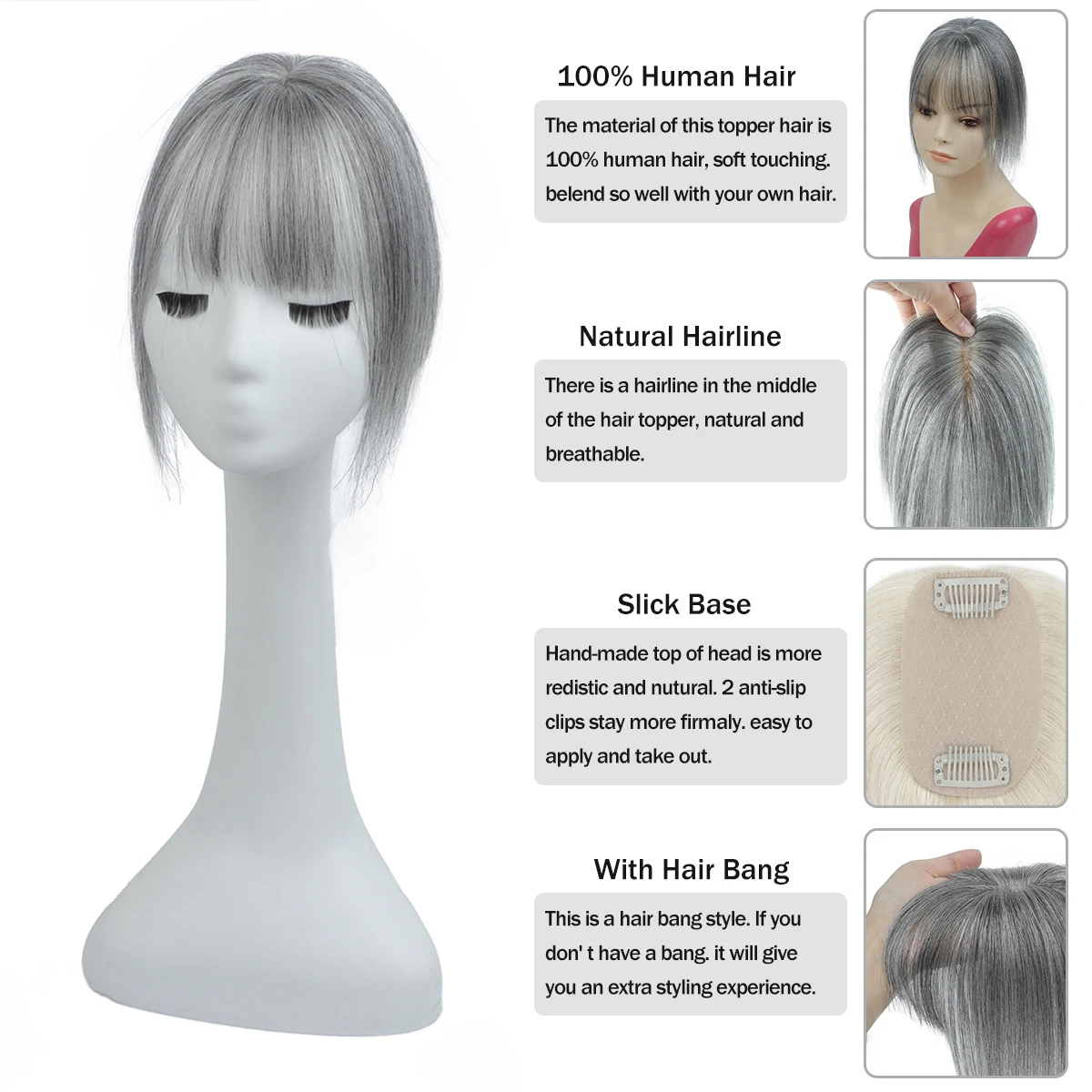 أغطية شعر بشري حقيقي للنساء يوميًا 360 درجة ° خصلات شعر ثلاثية الأبعاد مع غرة شعر رفيعة، 25، 30، 35 سم #3