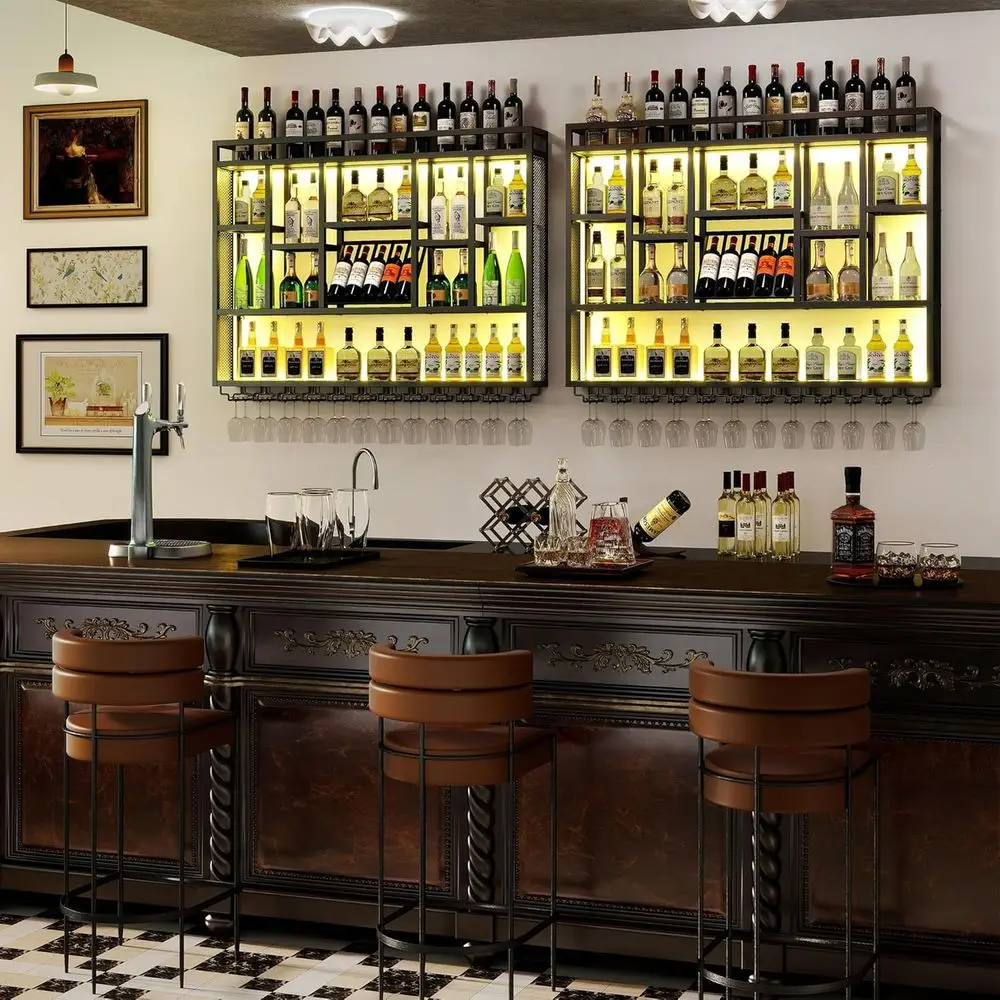 59 Wall-Mounted 4-Tier Wine Rack with LED Light, Metal Floating Shelves for Bar Bottles, Home Kitchen Bar Display