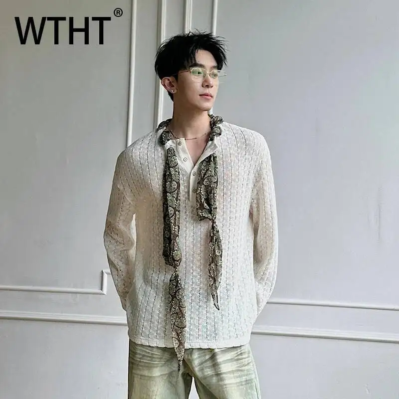 WTHT Fashion 2026 Summer Men's Lace Hollow Out Ribbon Casual T-shirts Trendy Long Sleeves O-neck Tops Male 2A3042