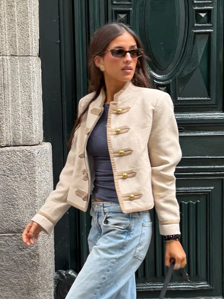 

HH Women Winter New Fashion Shoulder Padded Rope Knot Single-breasted Jacket Female Temperament Stand Collar Casual Pockets Coat