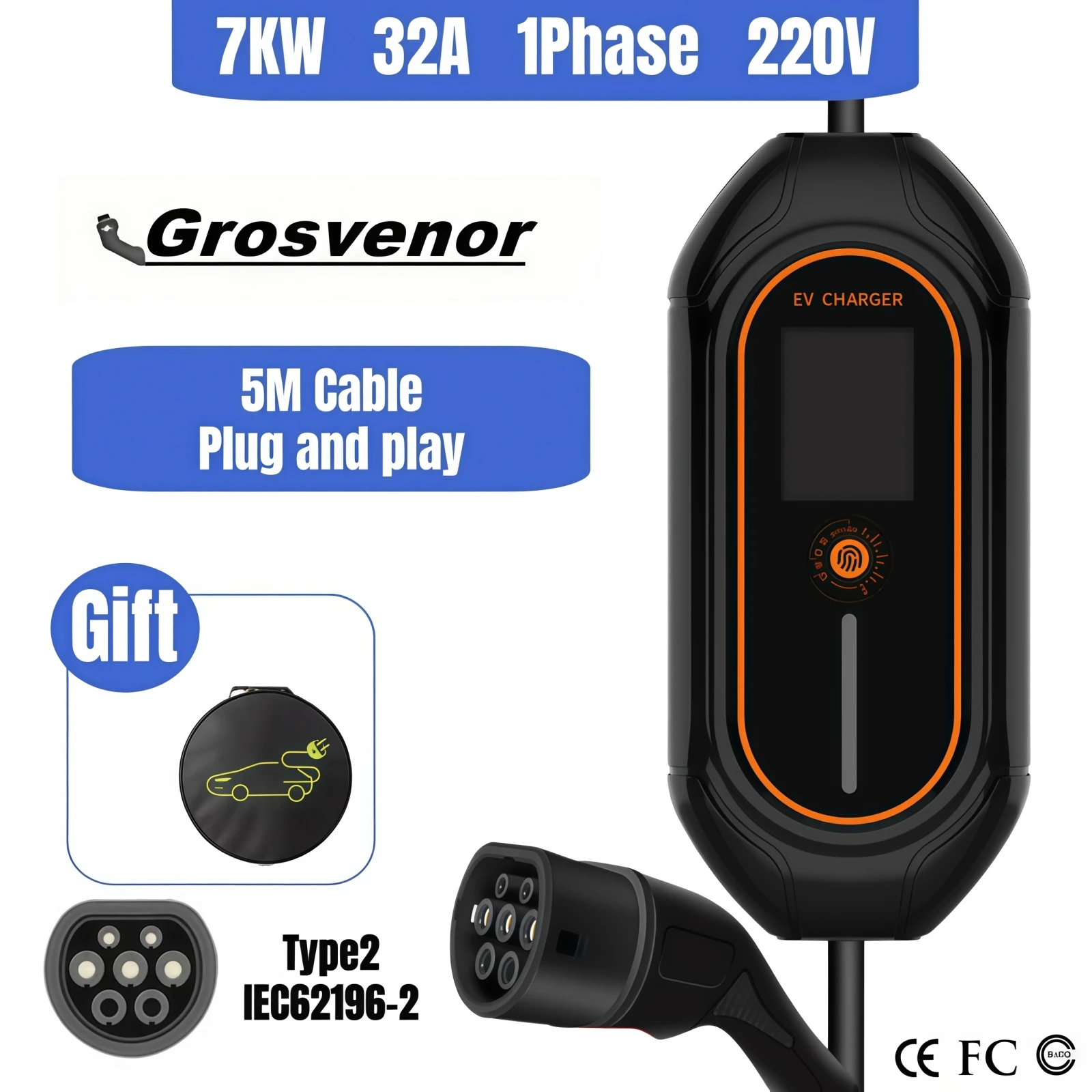 

Type2 Portable EV Charger 7KW 1Phase Wallbox Type 2 32A EV Portable Charger IEC62196-2 EVSE Charging Cable CEE Plug