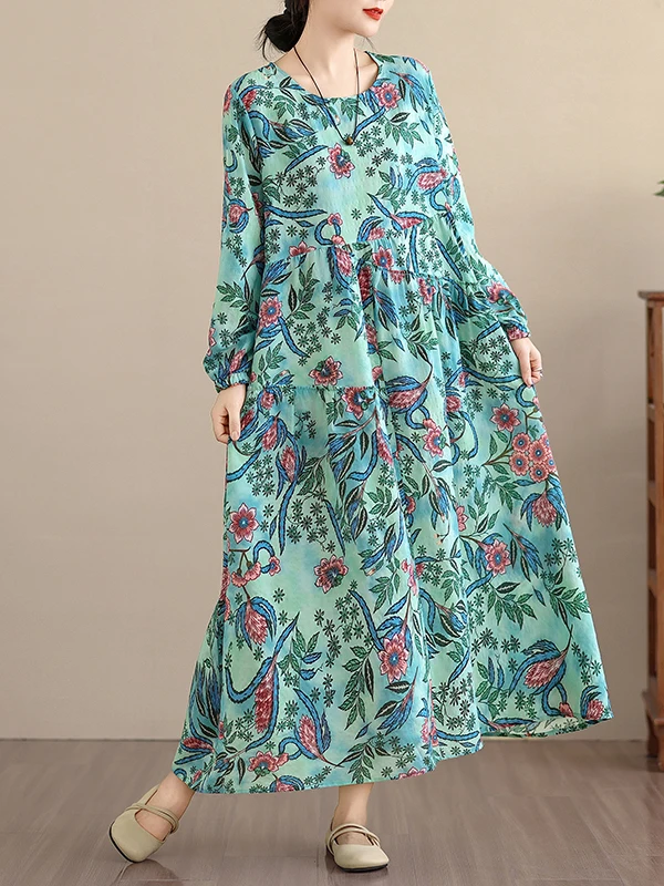 กระโปรงยาวทรงหลวมพิมพ์ลายศิลปะย้อนยุคสำหรับผู้หญิง ฤดูใบไม้ผลิ ฤดูใบไม้ร่วง ผ้าฝ้ายลินิน แต่งลูกไม้ลายดอกไม้