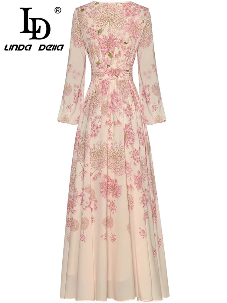 LD LINDA DELLA Women's Elegant Ball Gown Dress Autumn and Winter Long Sleeved High waist Pink Print Big Swing Dresses