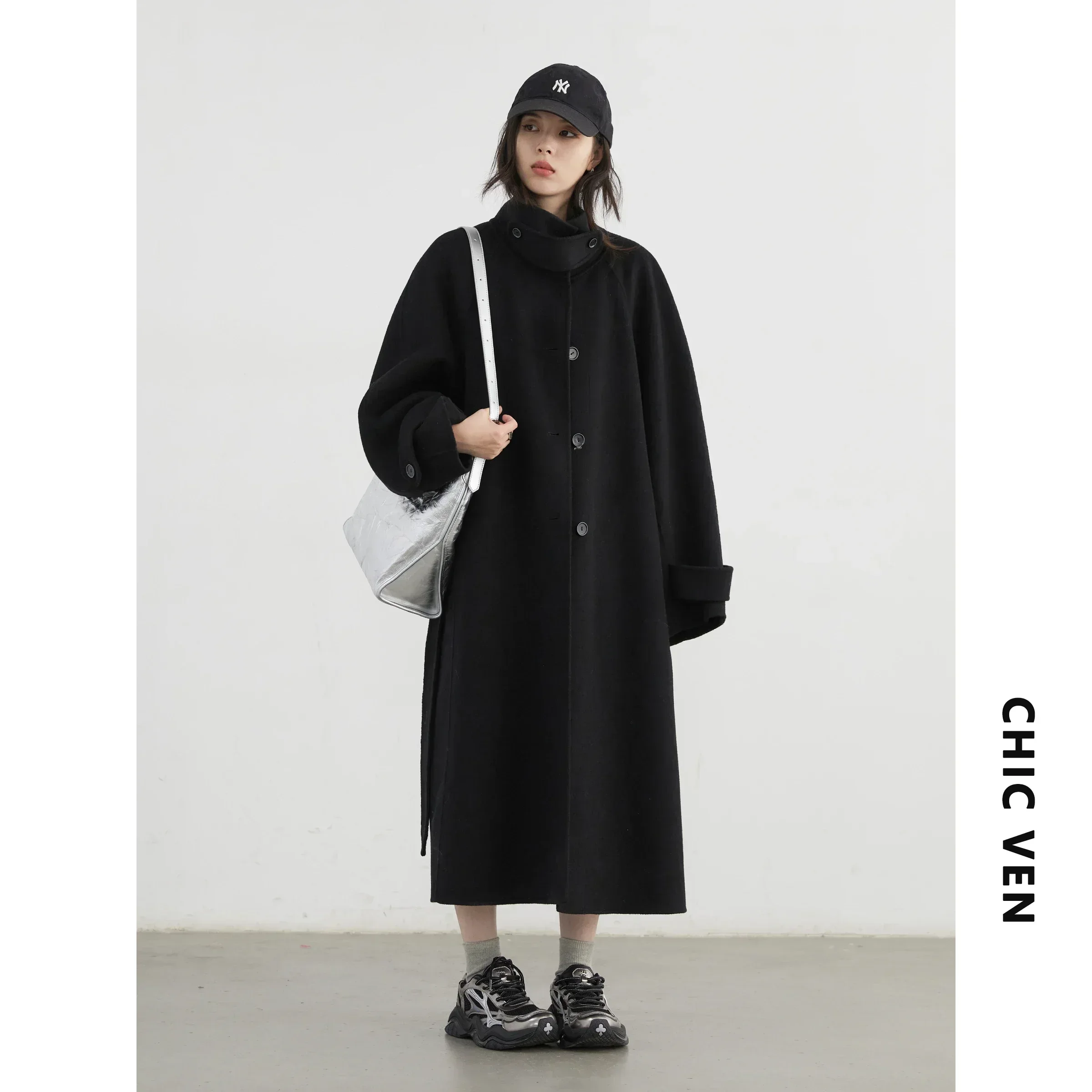 CHIC VEN Cappotto di lana da donna coreano monopetto allentato colletto alla coreana cintura lungo soprabito da donna double face autunno inverno