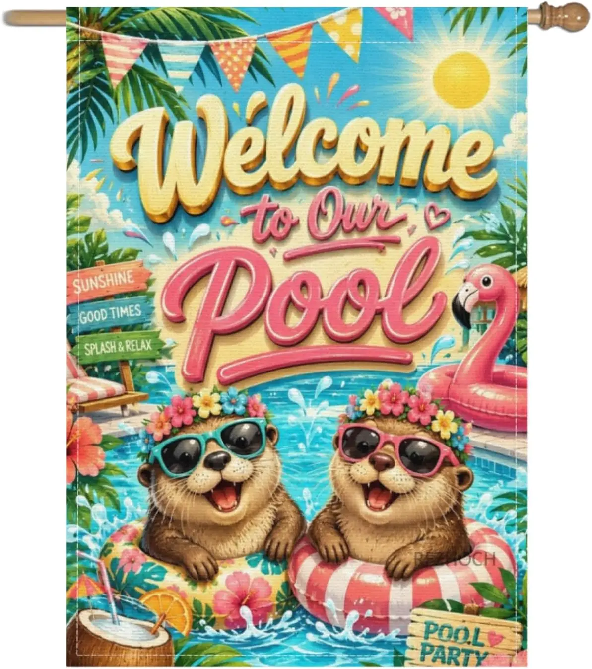 Cute Otter Pool Party Garden Flag 28x40 Inch,Welcome to Our Pool Summer Flamingo Float Tropical Leaves Poolside Decor,Funny  kkz