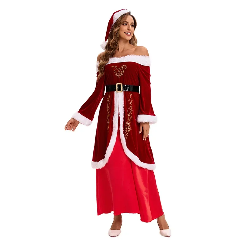 Christmas Costume Santa Claus Dress Female Feather Cape Shawl Sets Red White Christmas Show Cosplay Plus Size S-5XL New Year