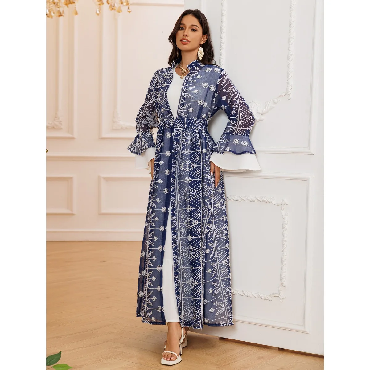 Eid 두바이 플레어 슬리브 자수 롱 드레스 이슬람 패션 카디건 2 조각 여성 가운 모로코 벨트 루스 파티 드레스 세트