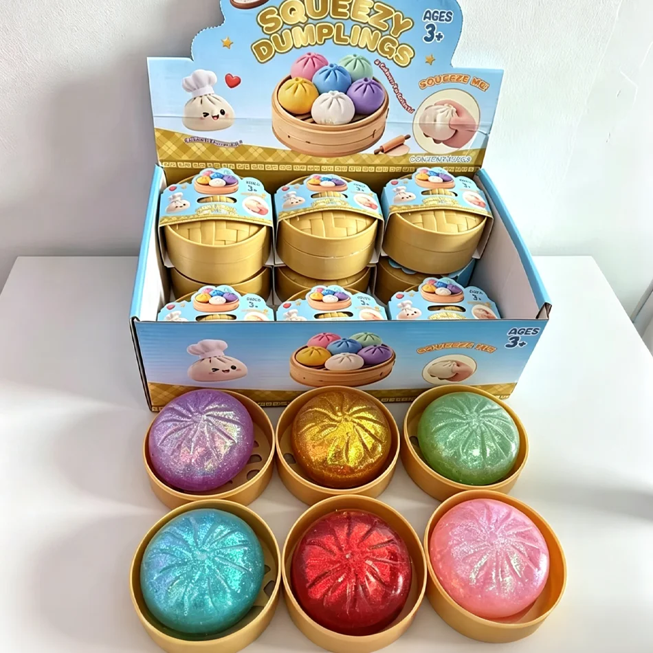 Bun Squishy Glitter Sequin Transparent Bun Squishy Simulated Steamer Box Stress Relief Fidget Toy Kids Gift Desktop Ornament