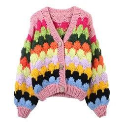 Jastie 2025 Autumn And Winter Women's Sweater Cardigan Contrast Color Handmade Splicing Loose V-neck Thick Knitted Cardigan Coat