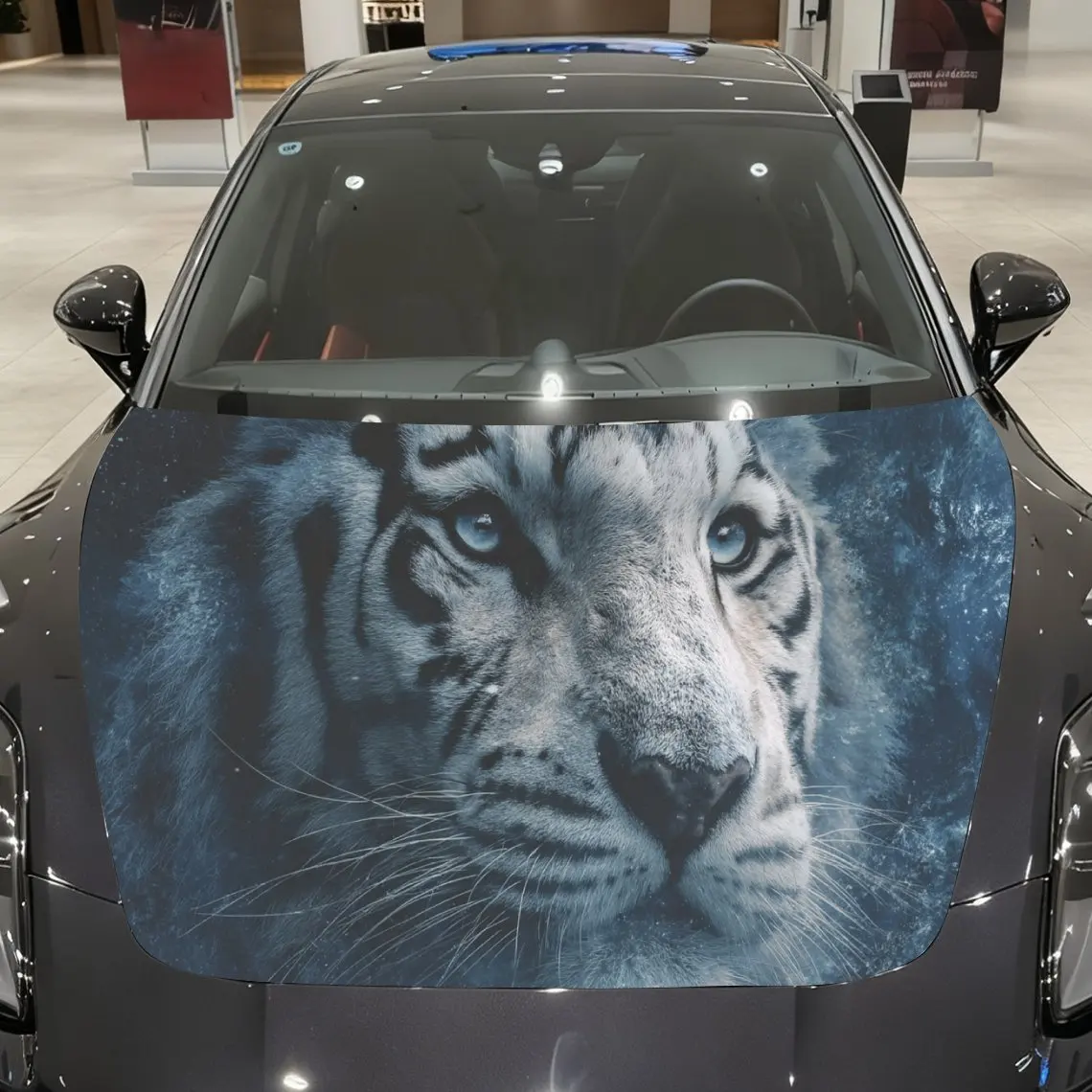 Car Decals A White Tiger In Cool Blue Tones Close - Up With Striking Blue Eyes, Distinct Stripes And Immersive Visual Depth Car