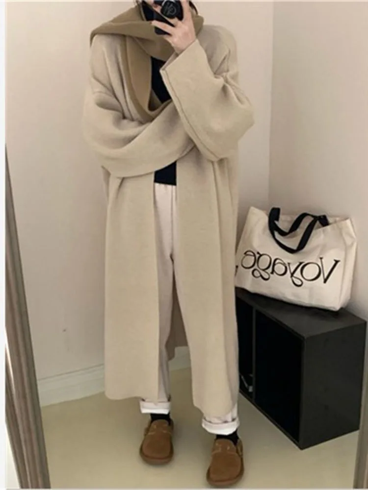 LANMREM Mid-length Sweater Coat Women\'s Long Sleeves Solid Color Loose Casual Cardigan 2024 Autumn New Clothing 2Z2288