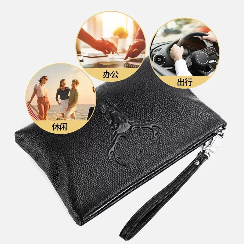 Men's New Clutch Bag Leather High Capacity Zipper Embossed Envelope Bag