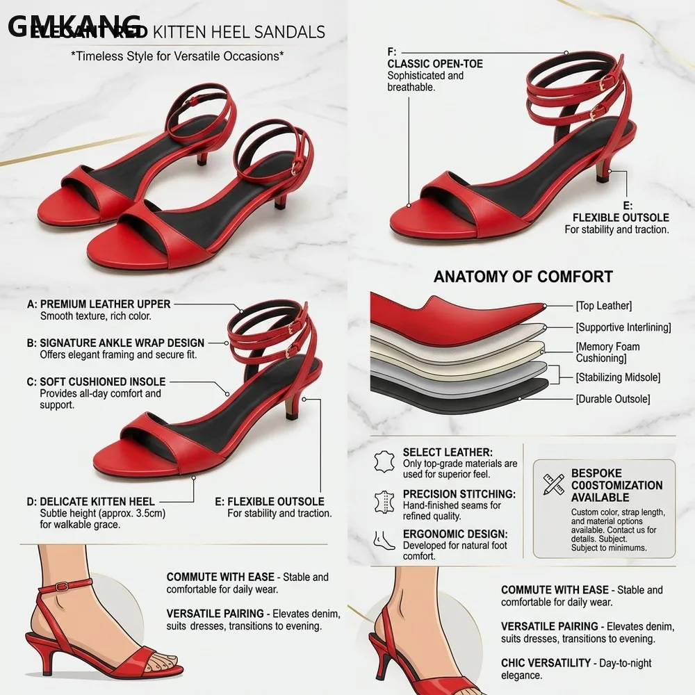 GMKANG Women's Kitten Heel Sandals Genuine Leather Ankle Strap Pumps Party Shoes Concise One Strap Summer Sexy